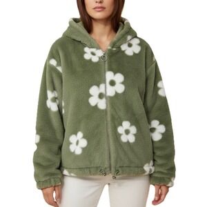Free Haven Faux Fur Hooded Jacket Women Size S‎ Green Floral Zip Up Coat